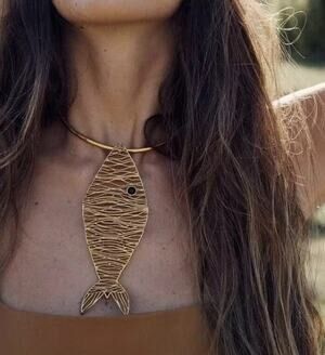 Zara Fish Necklace Choker Open Collar Skeleton Boho Statement Gold Y2K Mesh VTG